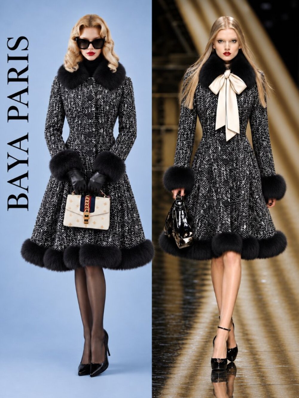 🗼💋UBER STUNNING!💋🗼Y2K BAYA PARIS TWEED WOOL A-LINE COAT w/ FOX FUR TRIM
